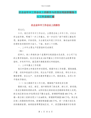 在企业年中工作会议上的报告与在信访局挂职锻炼个人工作总结汇编