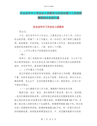 在企业年中工作会议上的报告与在信访部门工作挂职锻炼体会总结汇编