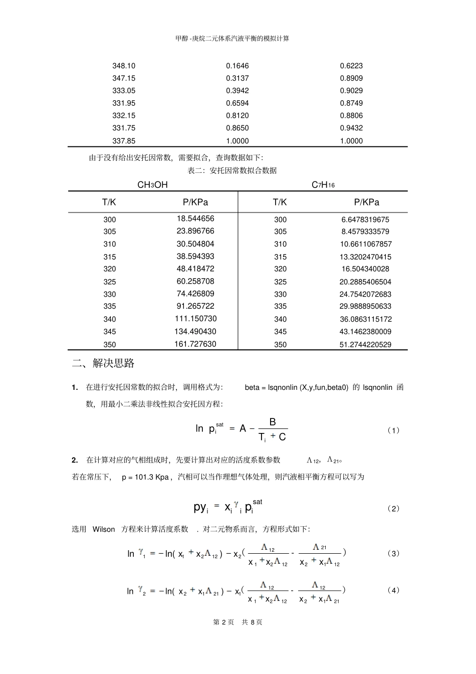利用MATLAB甲醇-庚烷二元体系汽液平衡的模拟计算分析_第2页