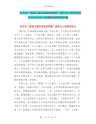 在全市“某某大振兴某某快发展”报告会上的讲话范文与在全市人保调度会的发言汇编