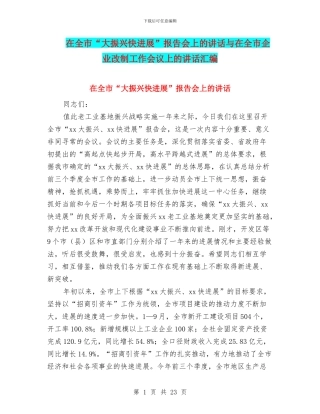 在全市“大振兴快发展”报告会上的讲话与在全市企业改制工作会议上的讲话汇编