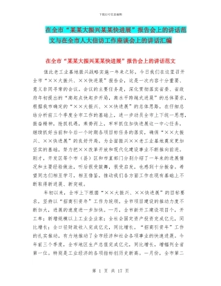 在全市“某某大振兴某某快发展”报告会上的讲话范文与在全市人大信访工作座谈会上的讲话汇编