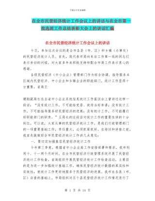 在全市民营经济统计工作会议上的讲话与在全市第一批选派工作总结表彰大会上的讲话汇编