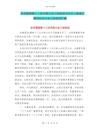 在共青团第十三次代表大会上的祝词与在关工委成立周年纪念大会上的讲话汇编