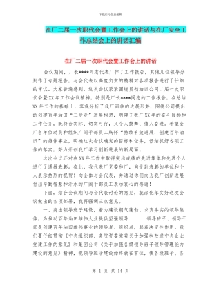 在厂二届一次职代会暨工作会上的讲话与在厂安全工作总结会上的讲话汇编