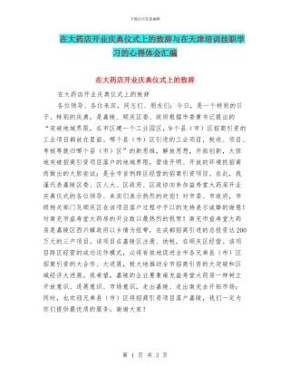在大药店开业庆典仪式上的致辞与在天津培训挂职学习的心得体会汇编