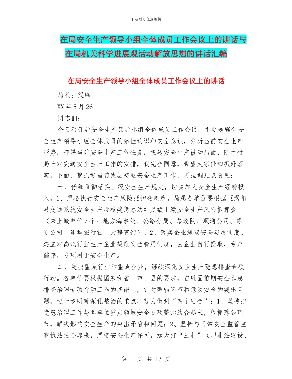 在局安全生产领导小组全体成员工作会议上的讲话与在局机关科学发展观活动解放思想的讲话汇编_第1页