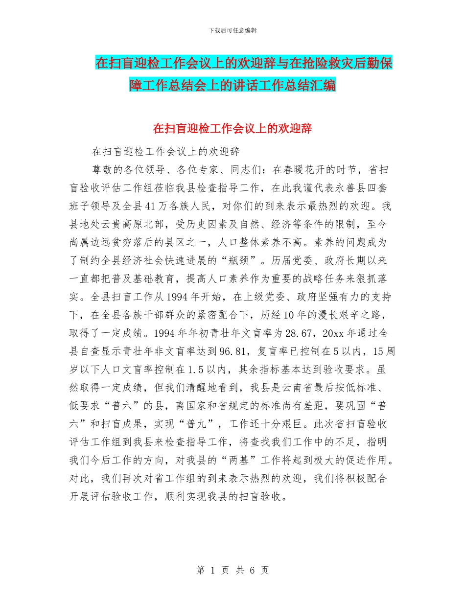 在扫盲迎检工作会议上的欢迎辞与在抢险救灾后勤保障工作总结会上的讲话工作总结汇编_第1页