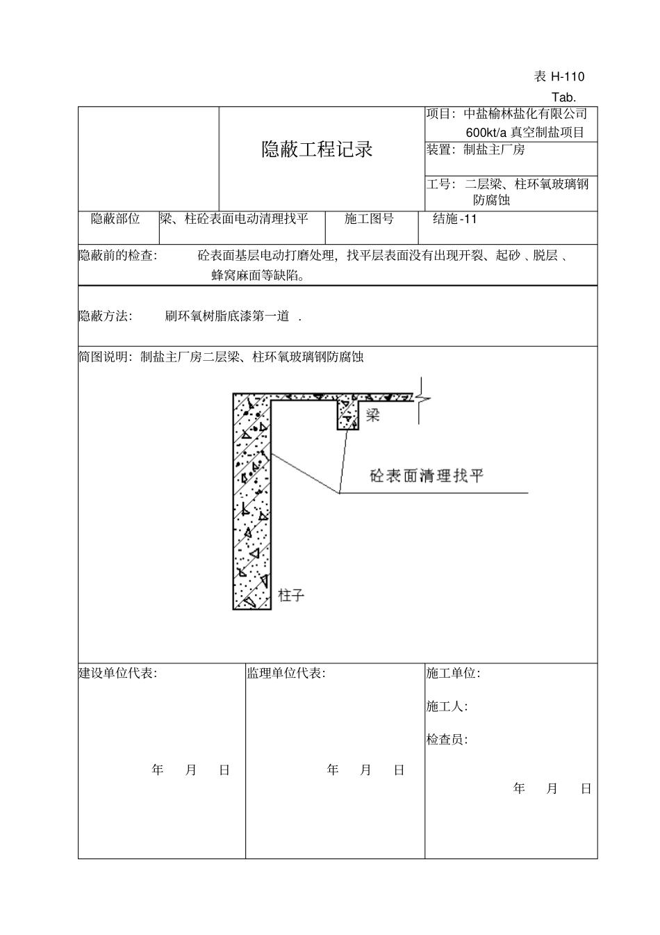 制盐主厂房二层玻璃钢防腐蚀报验资料H-110隐蔽工程记录与质量控制表_第1页