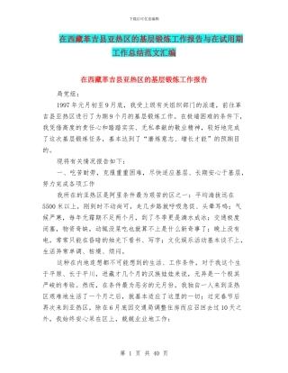 在西藏革吉县亚热区的基层锻炼工作报告与在试用期工作总结范文汇编