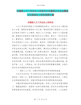 在镇级人大工作会议上的讲话与在集团公司企业廉政文化现场会上的欢迎辞汇编