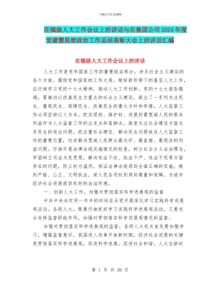 在镇级人大工作会议上的讲话与在集团公司2024年度党建暨思想政治工作总结表彰大会上的讲话汇编