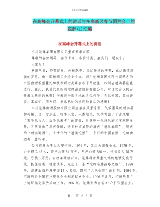 在高峰会开幕式上的讲话与在高新区春节团拜会上的祝辞汇编