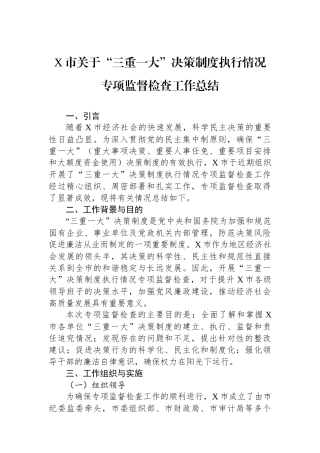 X市关于“三重一大”决策制度执行情况专项监督检查工作总结