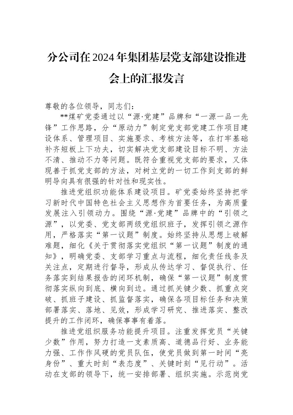 分公司在2024年集团基层党支部建设推进会上的汇报发言_第1页