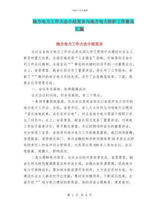 地方电力工作大会小结发言与地方电力防护工作意见汇编