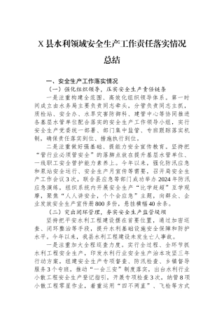 X县水利领域安全生产工作责任落实情况总结