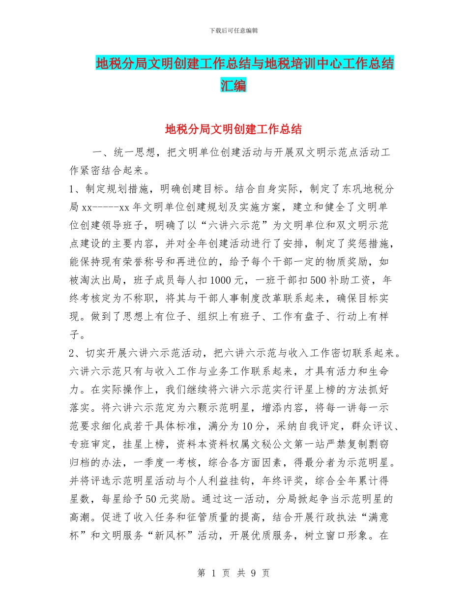 地税分局文明创建工作总结与地税培训中心工作总结汇编_第1页