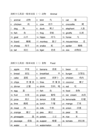 剑桥少儿英语一级单词表
