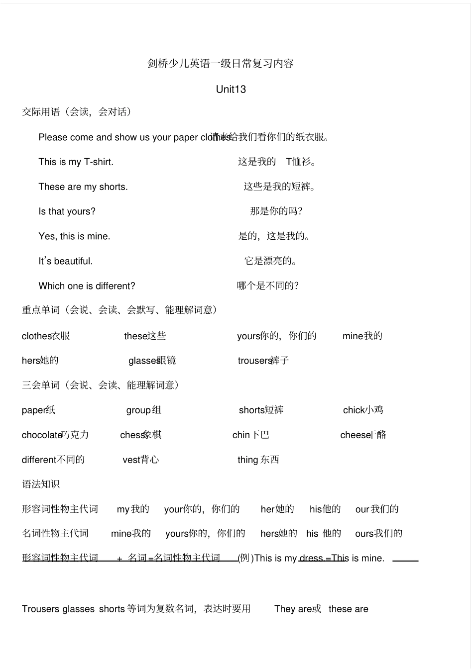 剑桥少儿英语一级知识点总结_第1页