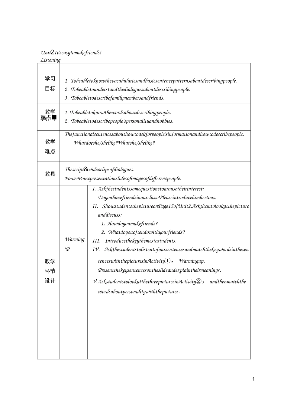新技能英语(1)第二单元教案_第1页