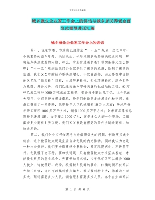 城乡就业企业家工作会上的讲话与城乡居民养老金首发式领导讲话汇编