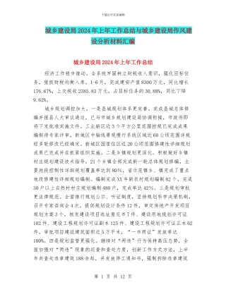 城乡建设局2024年上年工作总结与城乡建设局作风建设分析材料汇编