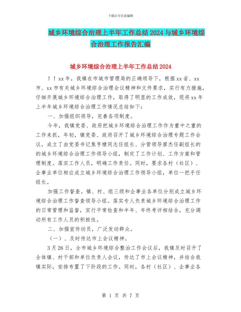 城乡环境综合治理上半年工作总结2024与城乡环境综合治理工作报告汇编_第1页