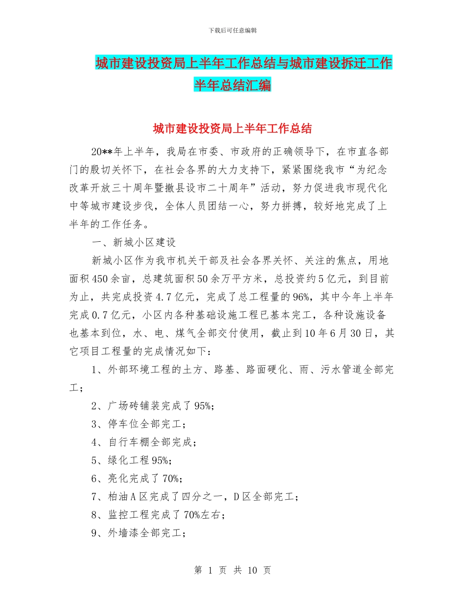 城市建设投资局上半年工作总结与城市建设拆迁工作半年总结汇编_第1页