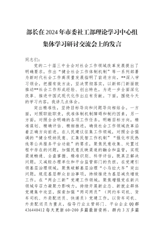 部长在2024年市委社工部理论学习中心组集体学习研讨交流会上的发言