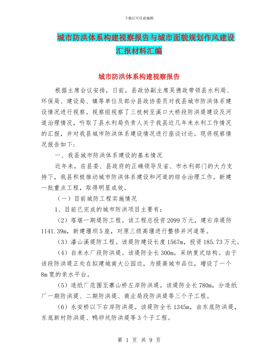 城市防洪体系构建视察报告与城市面貌规划作风建设汇报材料汇编_第1页