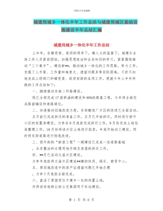 城建局城乡一体化半年工作总结与城建局城区基础设施建设半年总结汇编