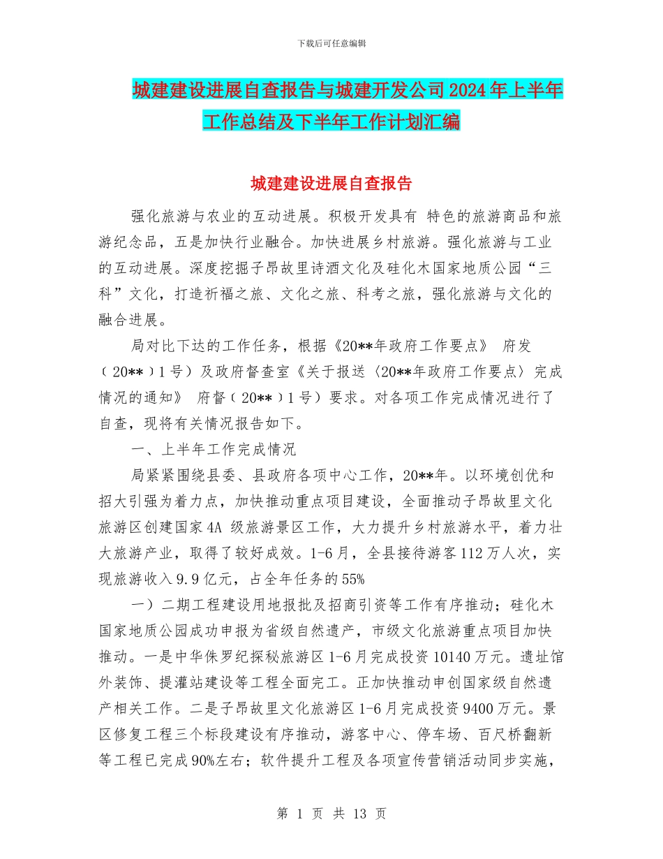 城建建设发展自查报告与城建开发公司2024年上半年工作总结及下半年工作计划汇编_第1页