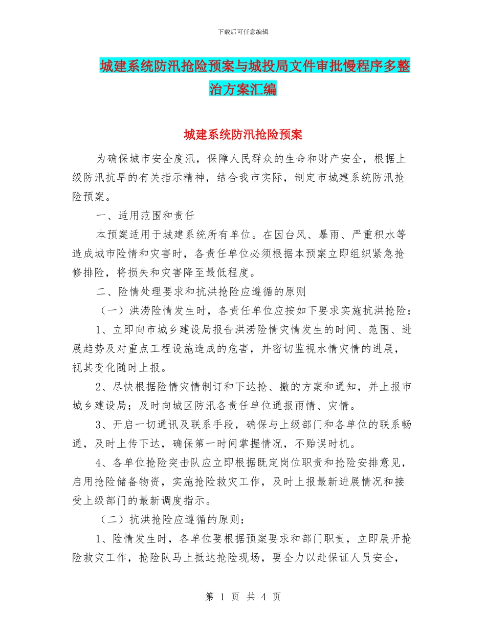 城建系统防汛抢险预案与城投局文件审批慢程序多整治方案汇编_第1页