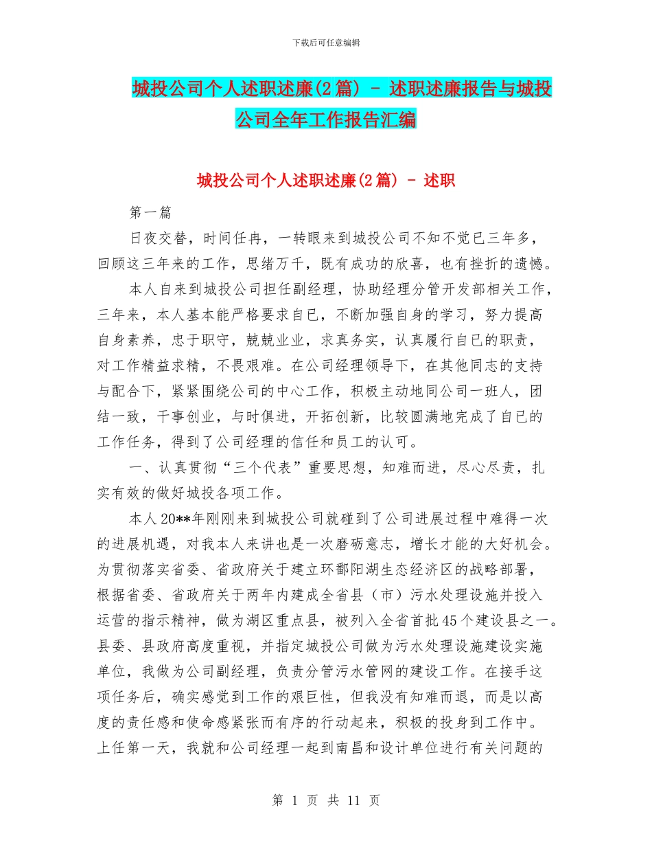 城投公司个人述职述廉_第1页