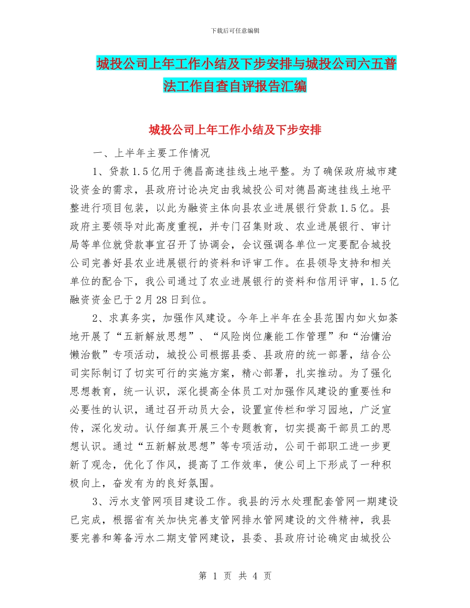 城投公司上年工作小结及下步安排与城投公司六五普法工作自查自评报告汇编_第1页