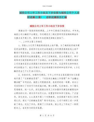 城投公司上年工作小结及下步安排与城投公司个人述职述廉