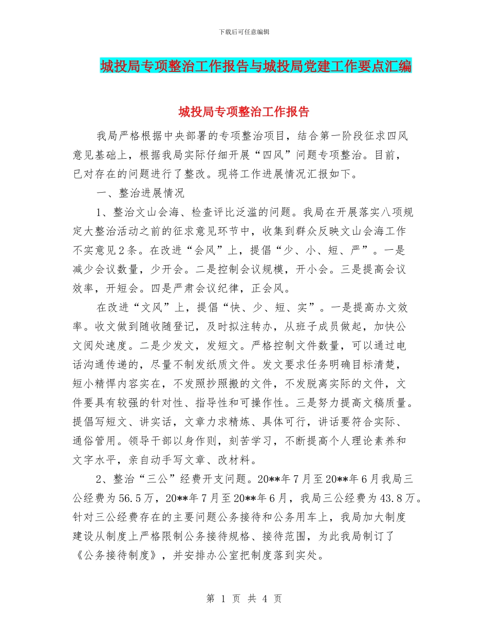 城投局专项整治工作报告与城投局党建工作要点汇编_第1页