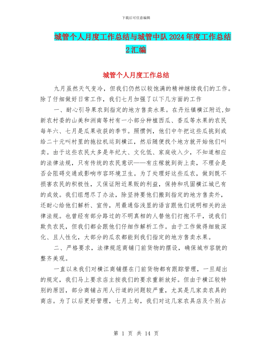 城管个人月度工作总结与城管中队2024年度工作总结2汇编_第1页