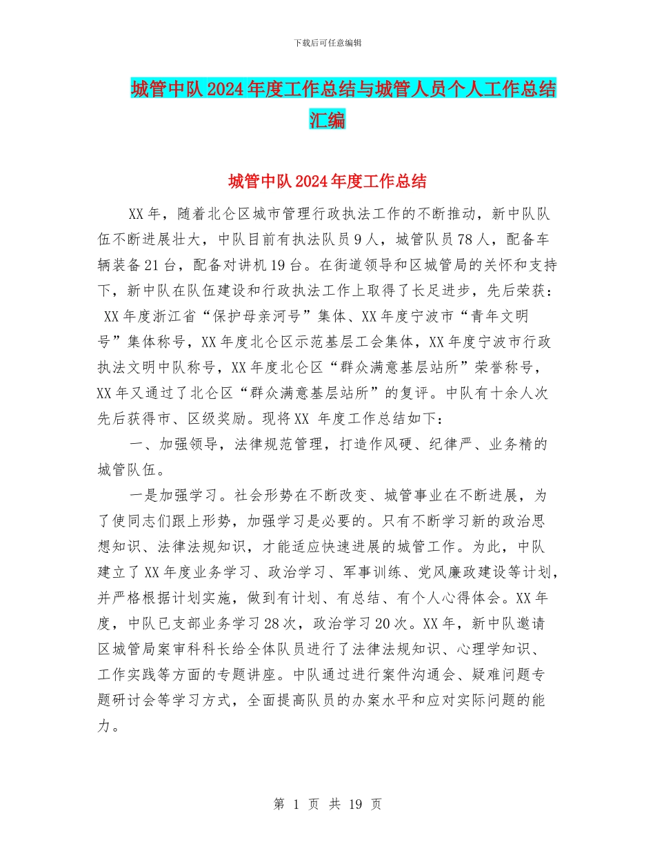 城管中队2024年度工作总结与城管人员个人工作总结汇编_第1页
