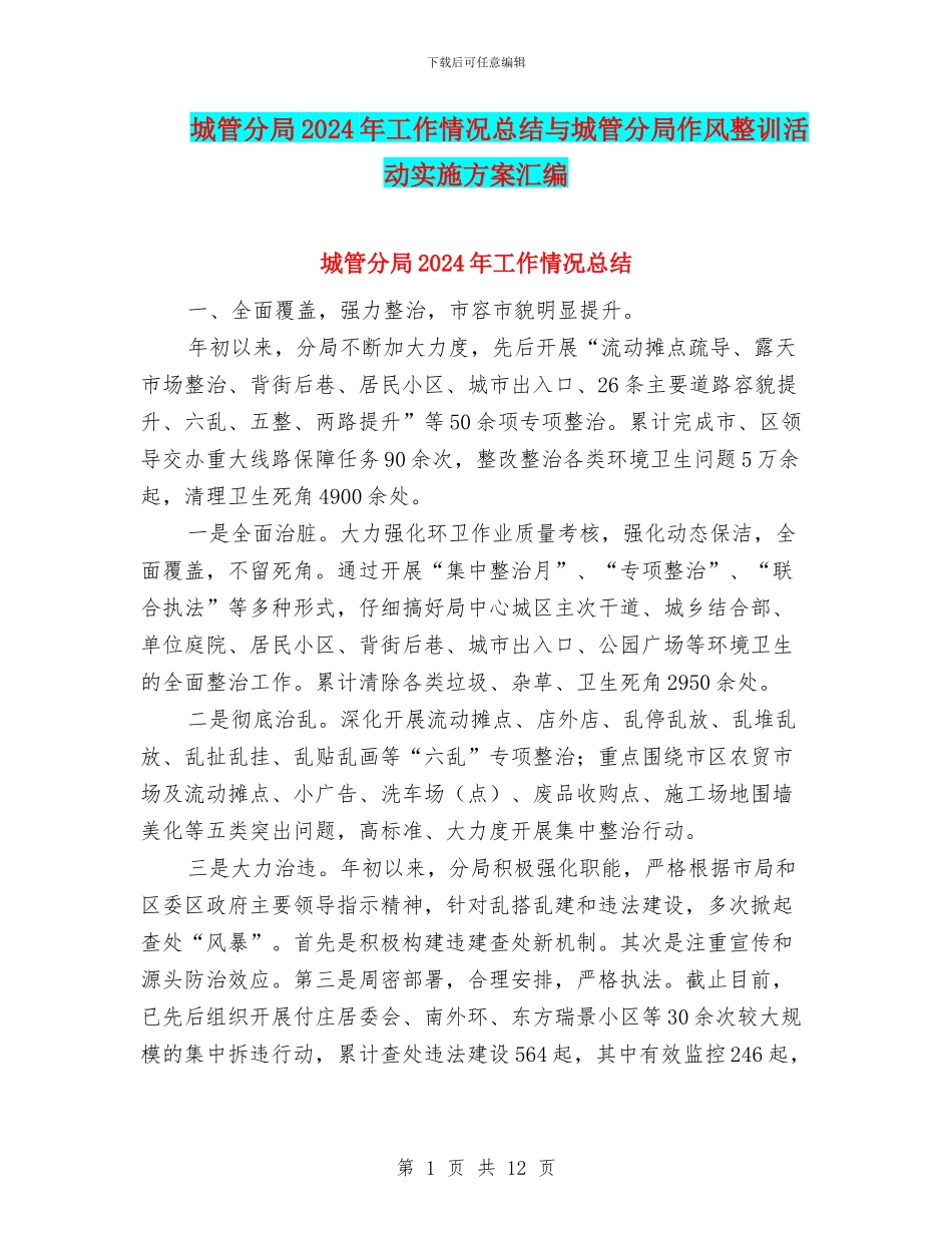 城管分局2024年工作情况总结与城管分局作风整训活动实施方案汇编_第1页