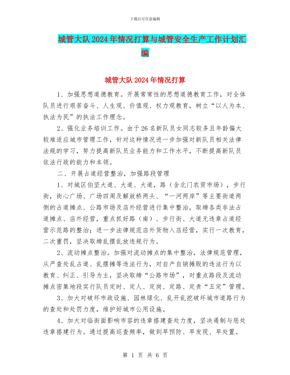 城管大队2024年情况打算与城管安全生产工作计划汇编_第1页
