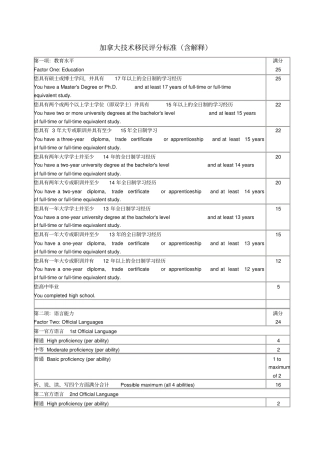 加拿大技术移民评分标准含解释