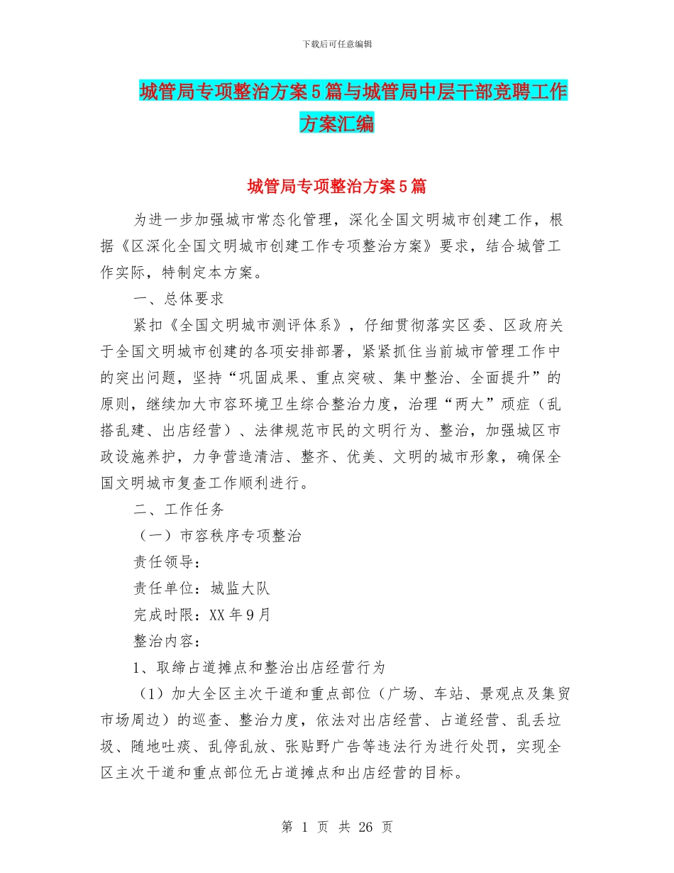 城管局专项整治方案5篇与城管局中层干部竞聘工作方案汇编_第1页