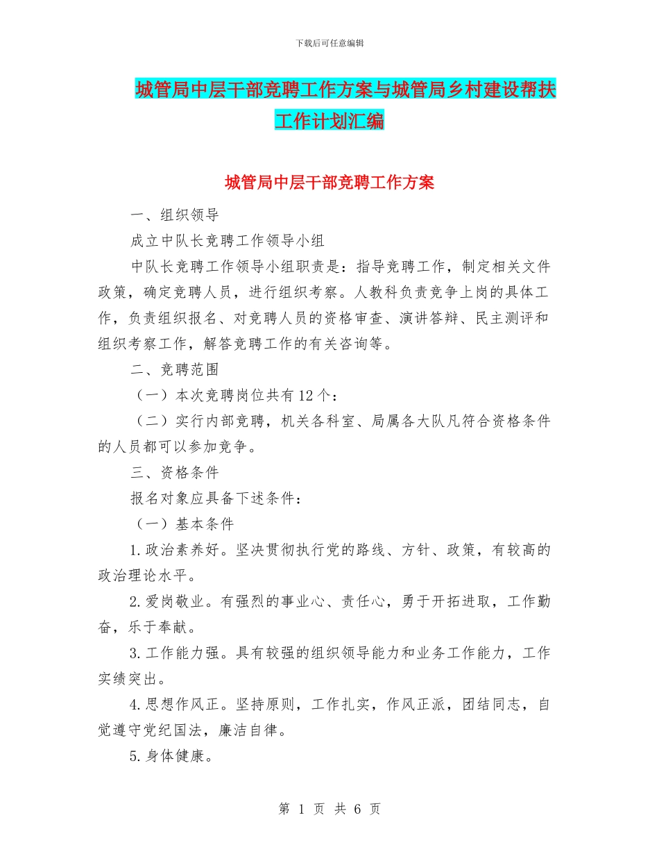 城管局中层干部竞聘工作方案与城管局乡村建设帮扶工作计划汇编_第1页
