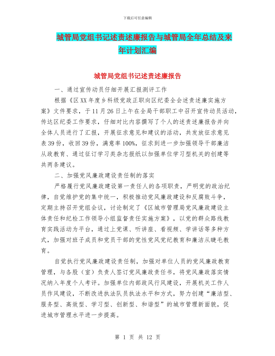城管局党组书记述责述廉报告与城管局全年总结及来年计划汇编_第1页