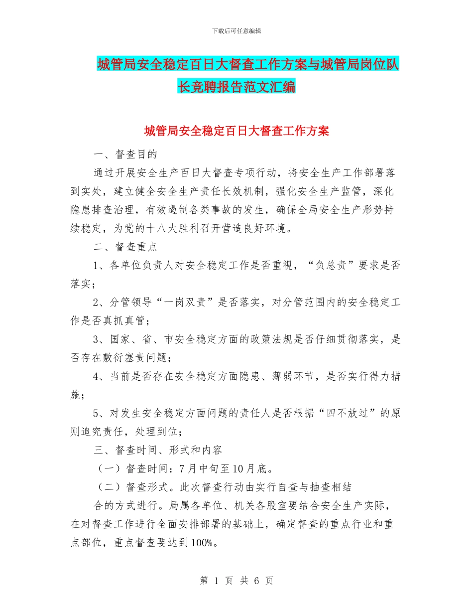 城管局安全稳定百日大督查工作方案与城管局岗位队长竞聘报告范文汇编_第1页