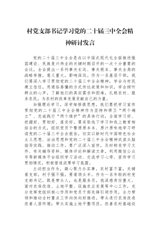 村党支部书记学习党的二十届三中全会精神研讨发言