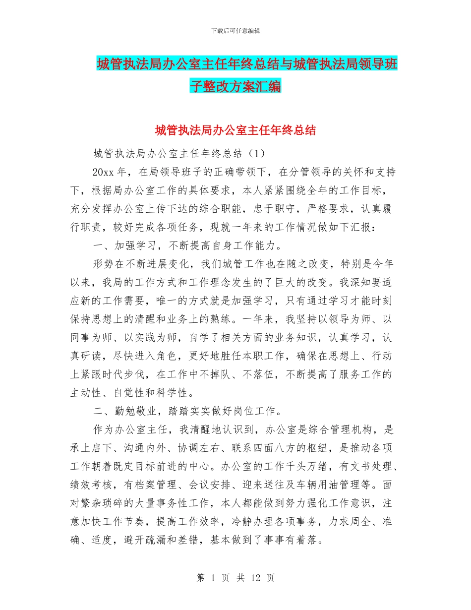 城管执法局办公室主任年终总结与城管执法局领导班子整改方案汇编_第1页