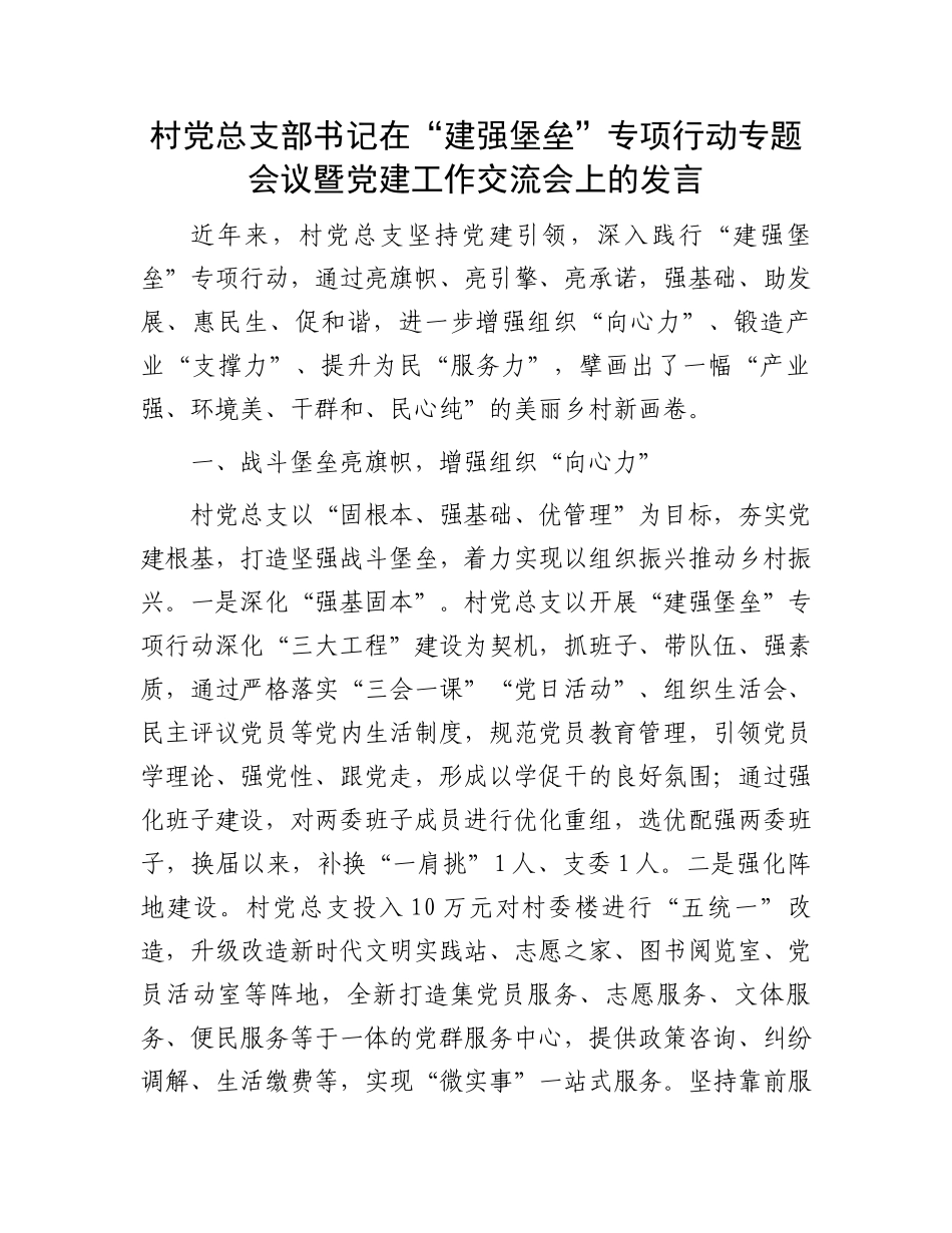 村党总支部书记在“建强堡垒”专项行动专题会议暨党建工作交流会上的发言_第1页